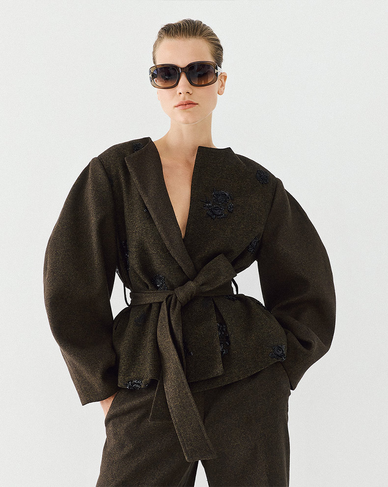 Embroidered Jacket With Belt - Access Fashion