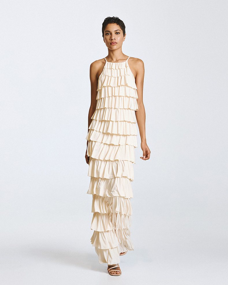 Long Halter Dress With Ruffle Detail - Access Fashion