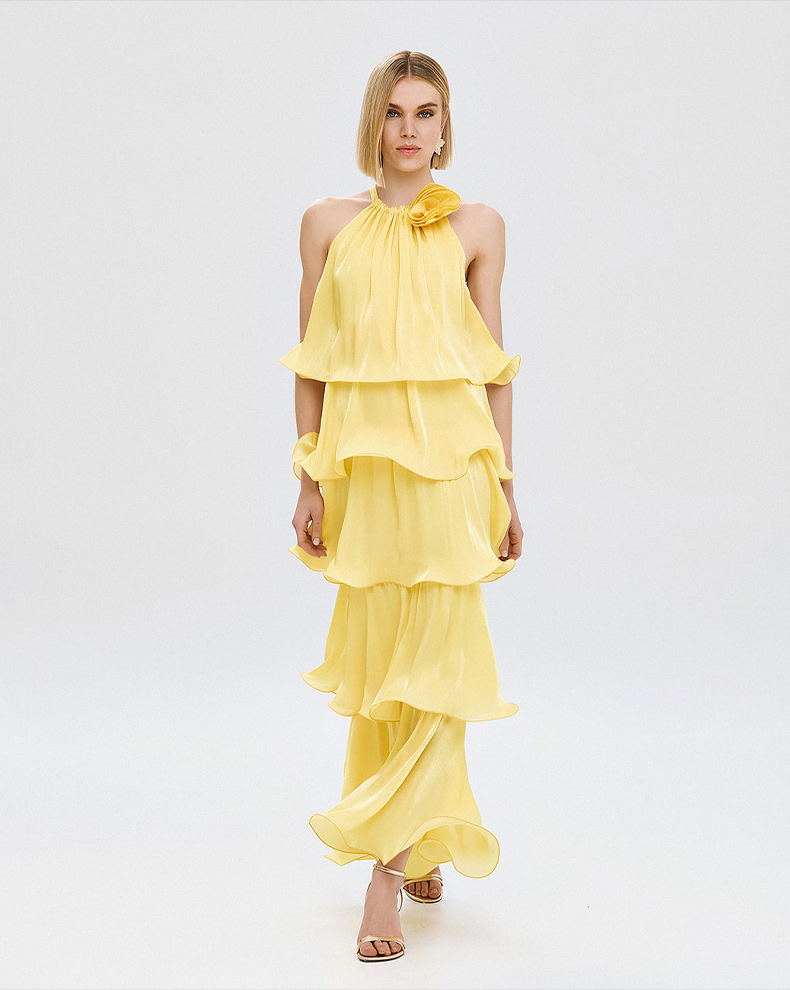 Halter Dress With Ruffles And Flower - Access Fashion