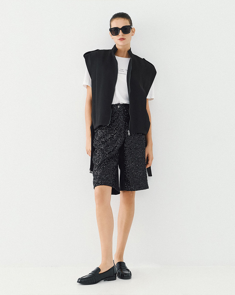 Sleeveless Jacket With Pleats And Belt - Access Fashion