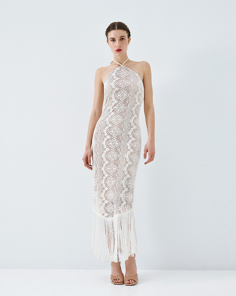 Knitted Halter Dress With Fringes - Access Fashion