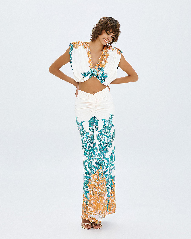 Printed Draped Top With Knot - Access Fashion