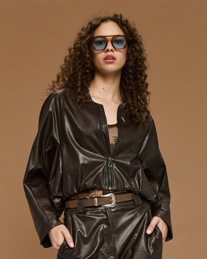 FAUX LEATHER JACKET WITH BATWING SLEEVES