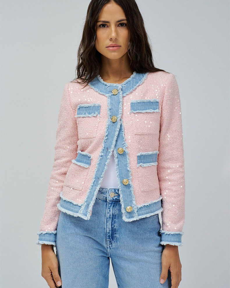 CHANEL-STYLE TWEED JACKET W/DENIM ACCENT