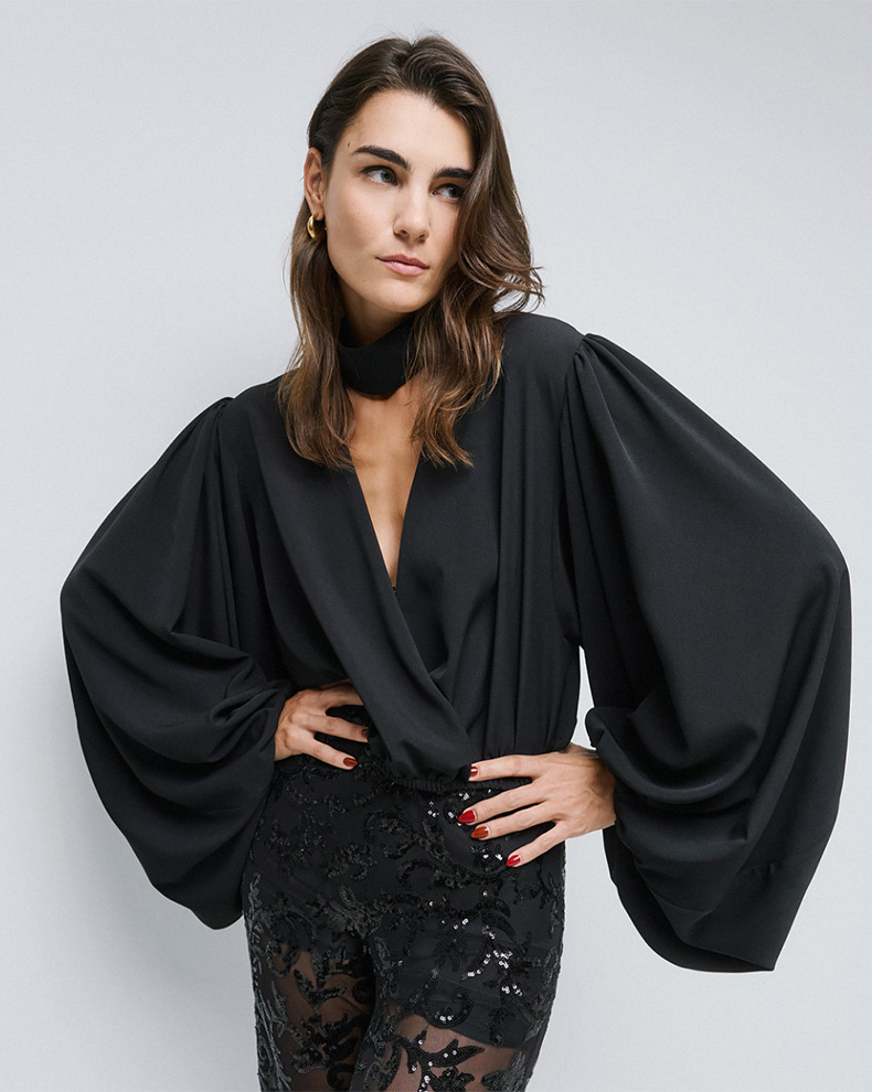 WRAP BLOUSE WITH PUFF SLEEVES