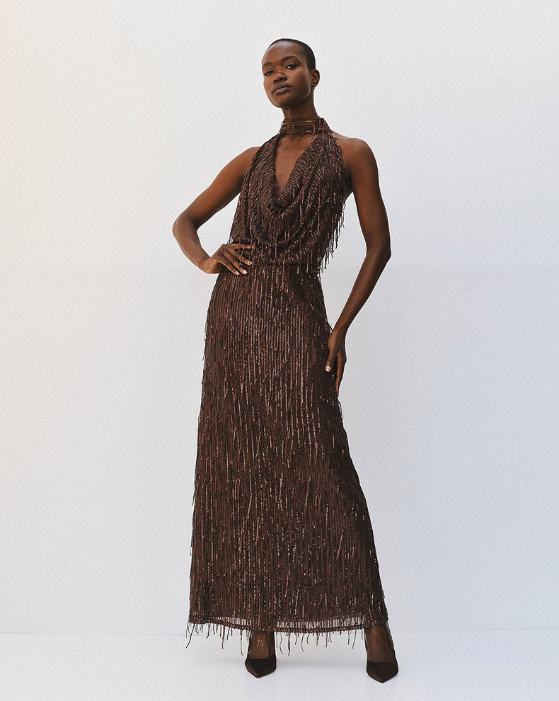Maxi Dress With Sequins And Fringes - Access Fashion