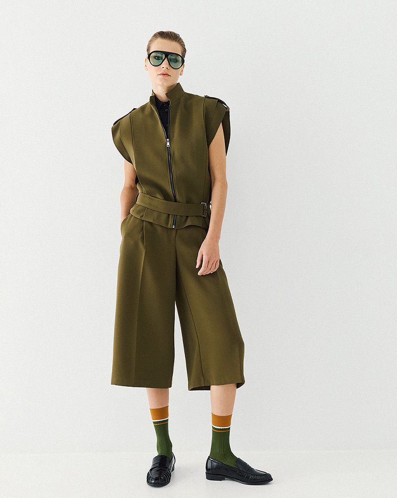 Sleeveless Jacket With Pleats And Belt - Access Fashion