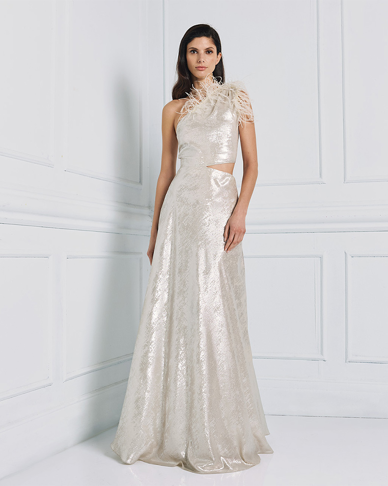 ONE SHOULDER LONG DRES WITH FEATHERS