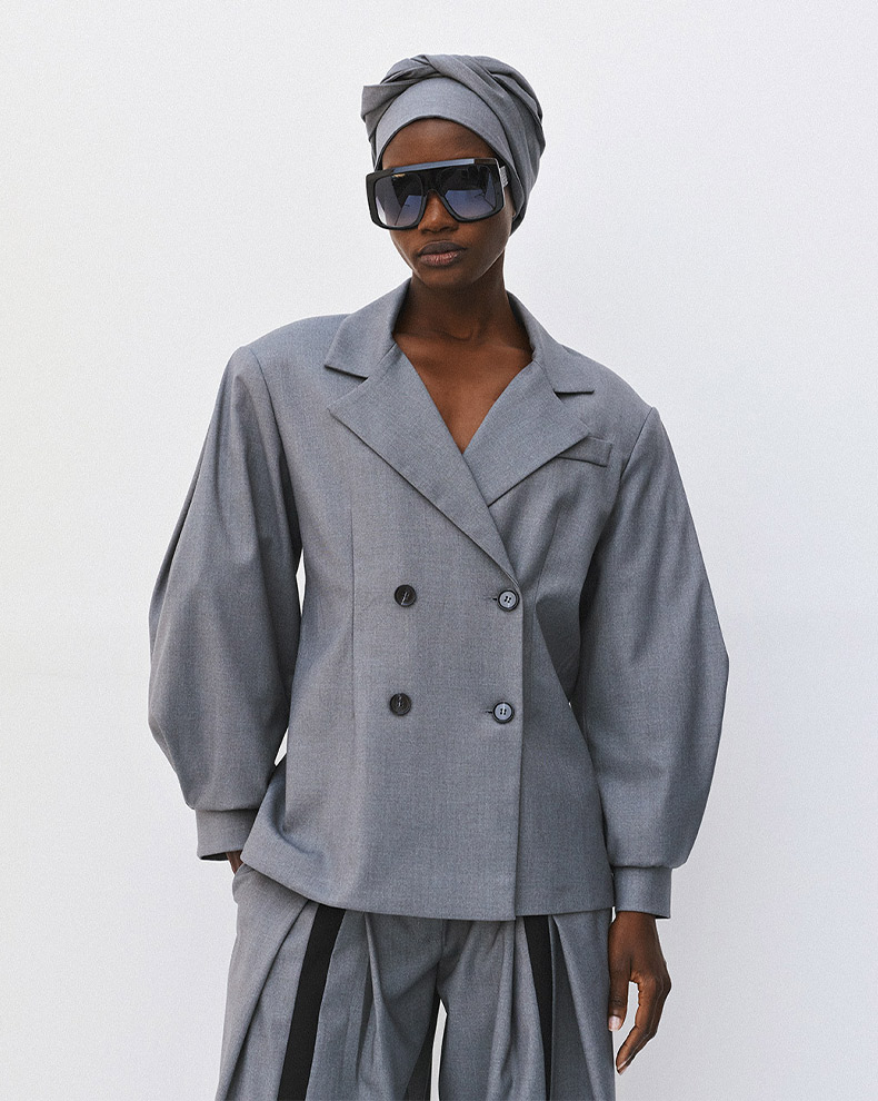 Double Breasted Jacket With Puffed Sleeves - Access Fashion